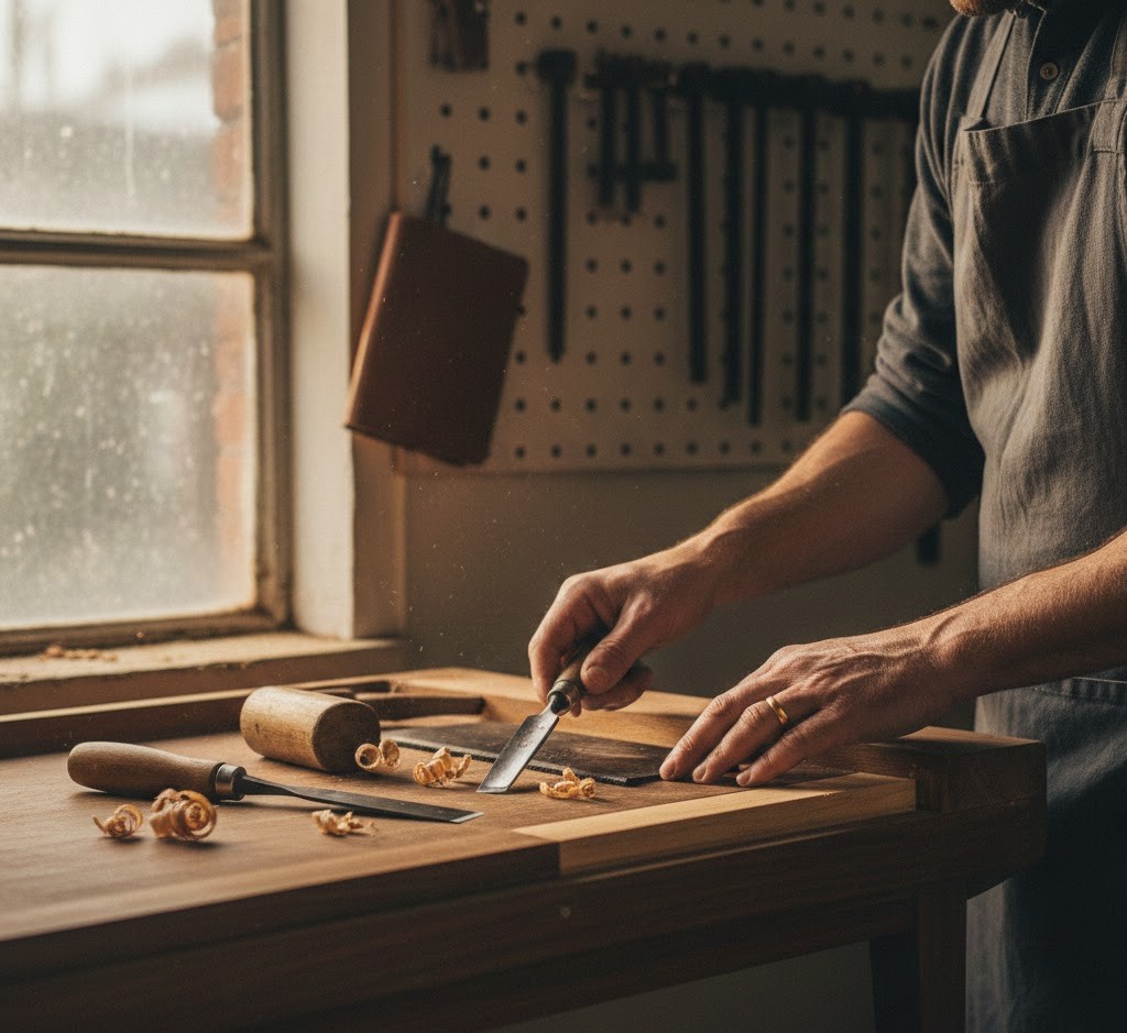 Hantverkare som restaurerar teakmöbel