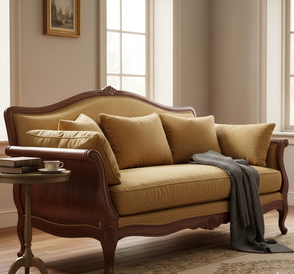 Restaurerad soffa med nytt tyg